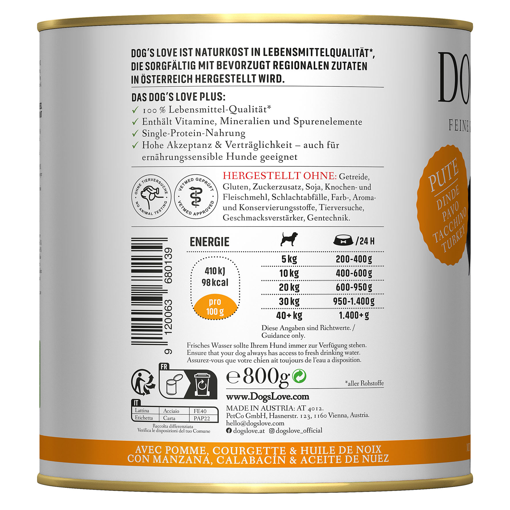 Dog‘s Love Classic Adult Truthahn, Apfel, Zucchini & Walnussöl, 800g