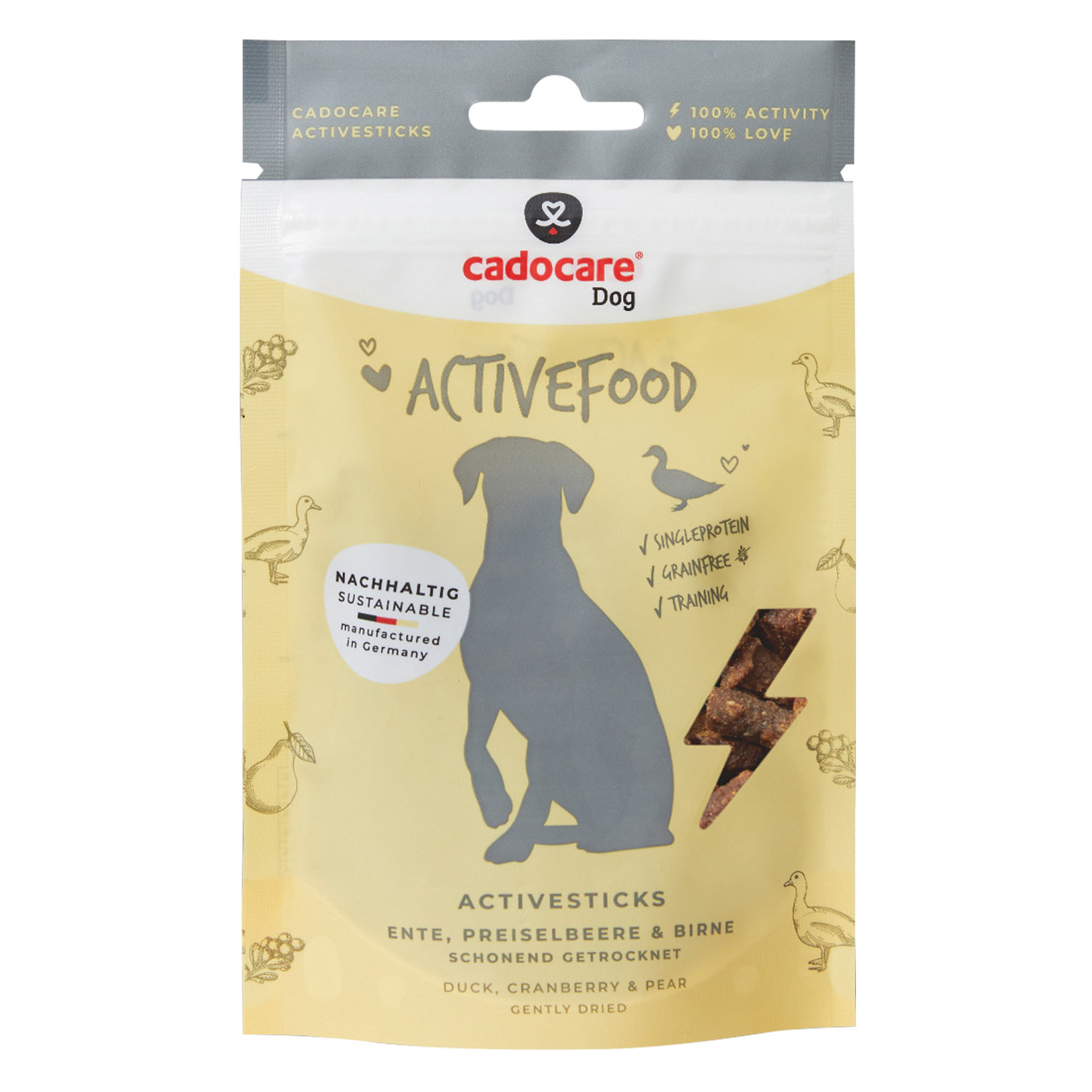 Friandises pour chiens Cadocare - ActiveSticks - Canard, Airelles & Poire, 90g