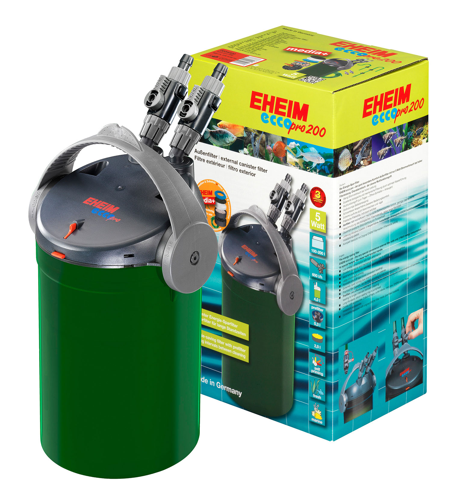 Eheim filtre extérieur ecco pro 200 media+, 600l/h, 5W, 20.5x35.5cm