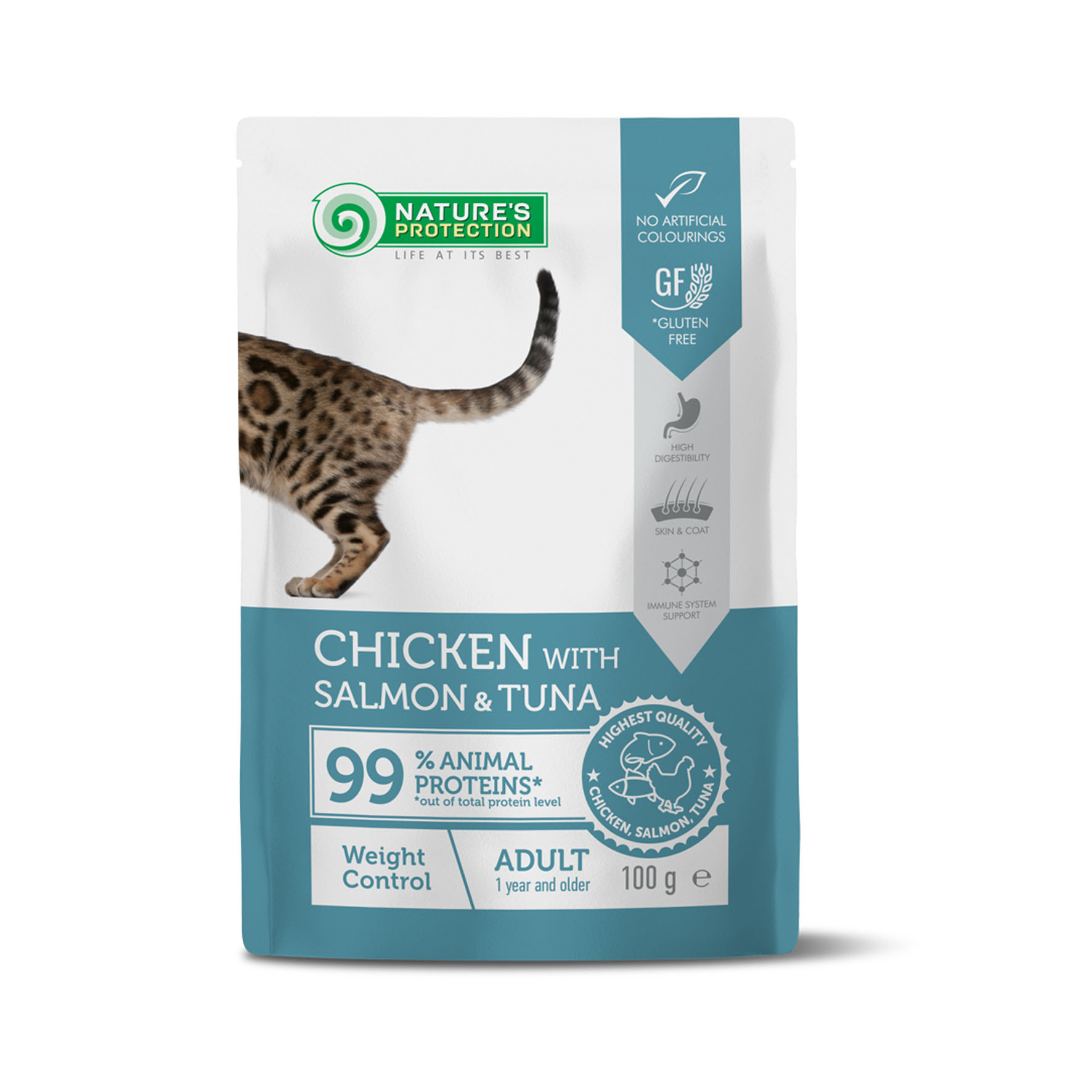 Nature's Protection Beutel zur Gewichtskontrolle für Katzen, Huhn mit Lachs und Thunfisch, 100g.