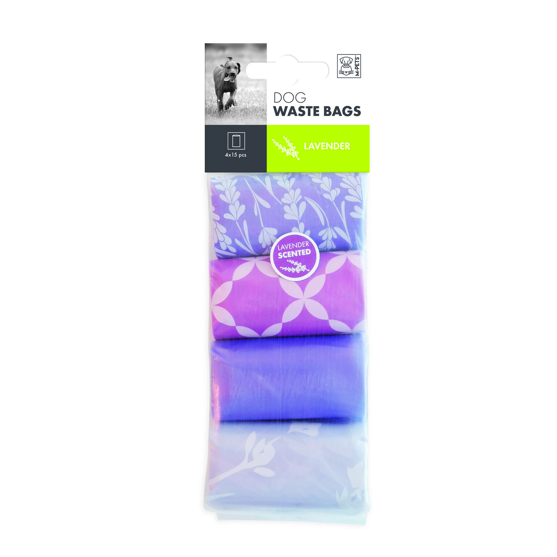 Sacs à déjections canines M-Pets au parfum de lavande, 35 × 23 cm, 4 rouleaux de 15 sacs chacun, violet
