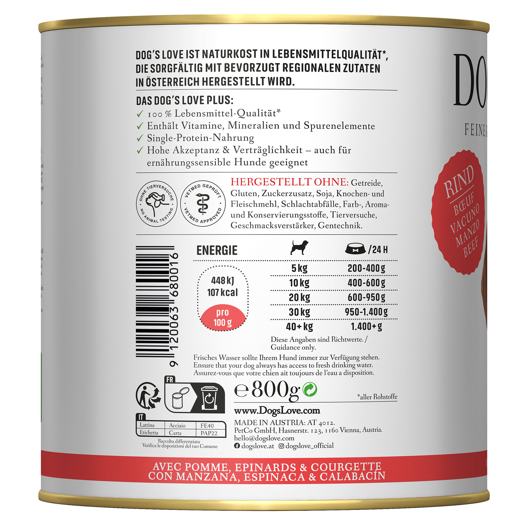 Dog‘s Love Classic Adult Rind, Apfel, Spinat & Zucchini, 800g