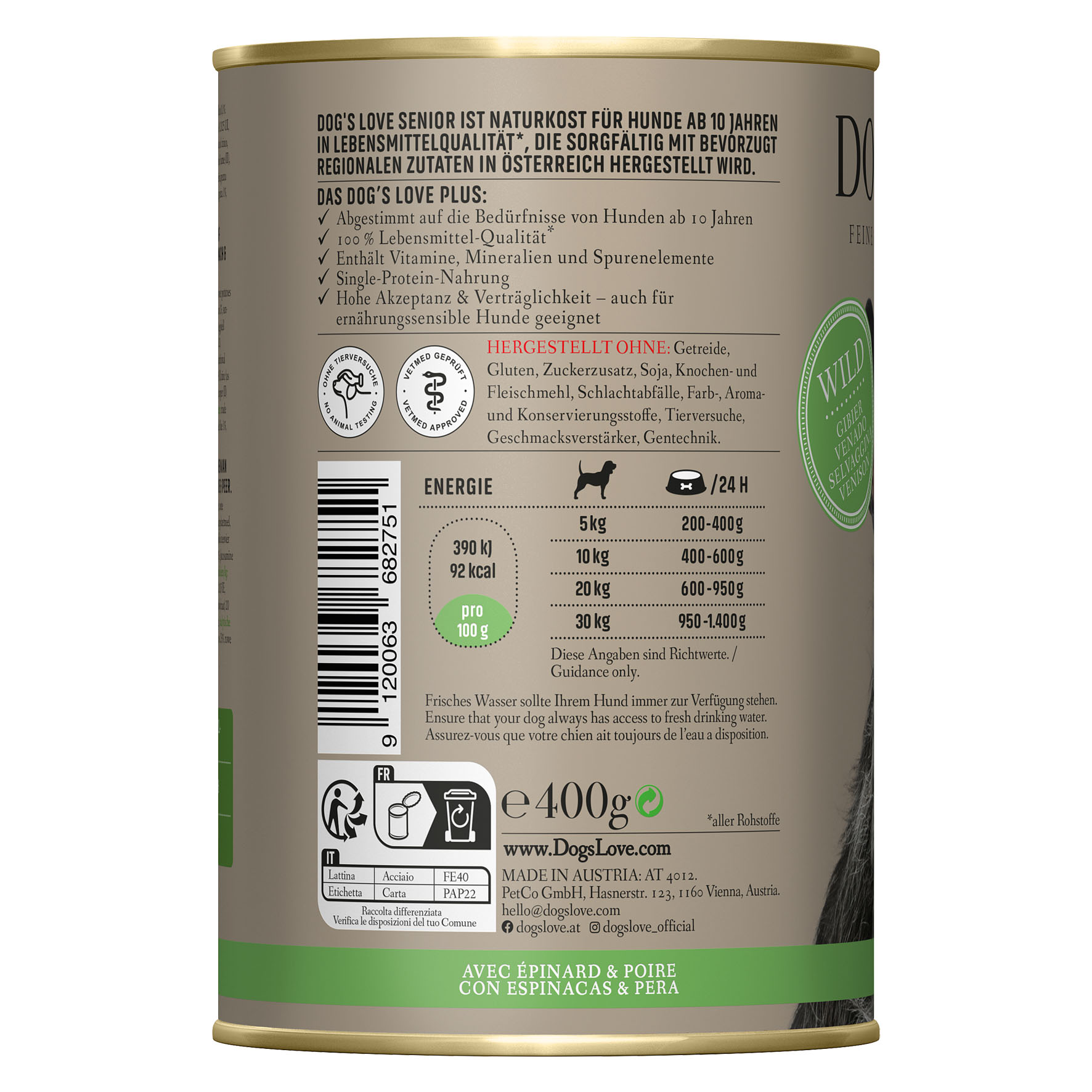 Dog‘s Love Senior 10+ Light Wild, Spinat & Birne, 400g