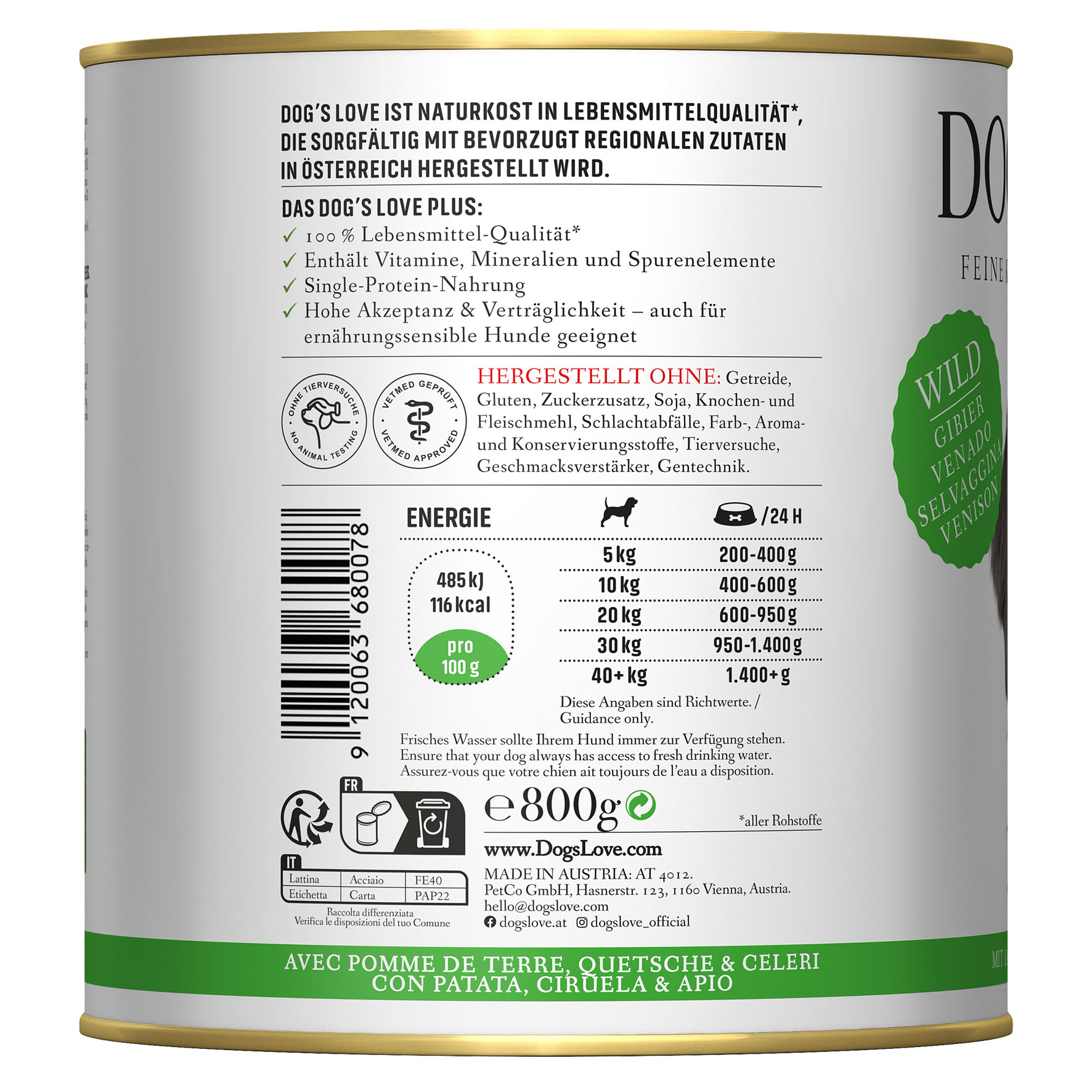 Dog‘s Love Classic Adult Wild, Kartoffel, Zwetschgen & Sellerie, 800g