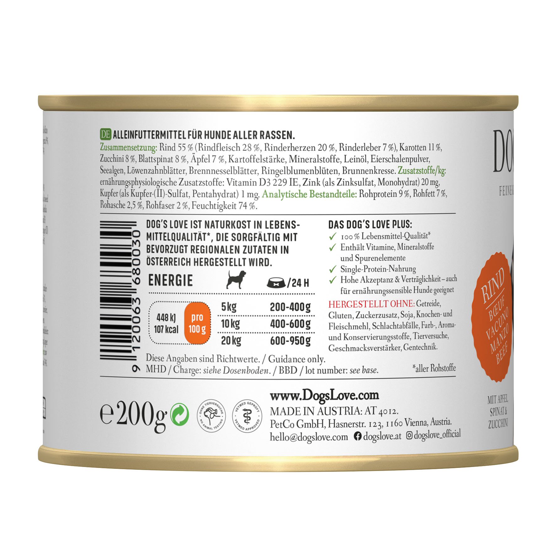 Dog‘s Love Classic Adult Rind, Apfel, Spinat & Zucchini, 200g