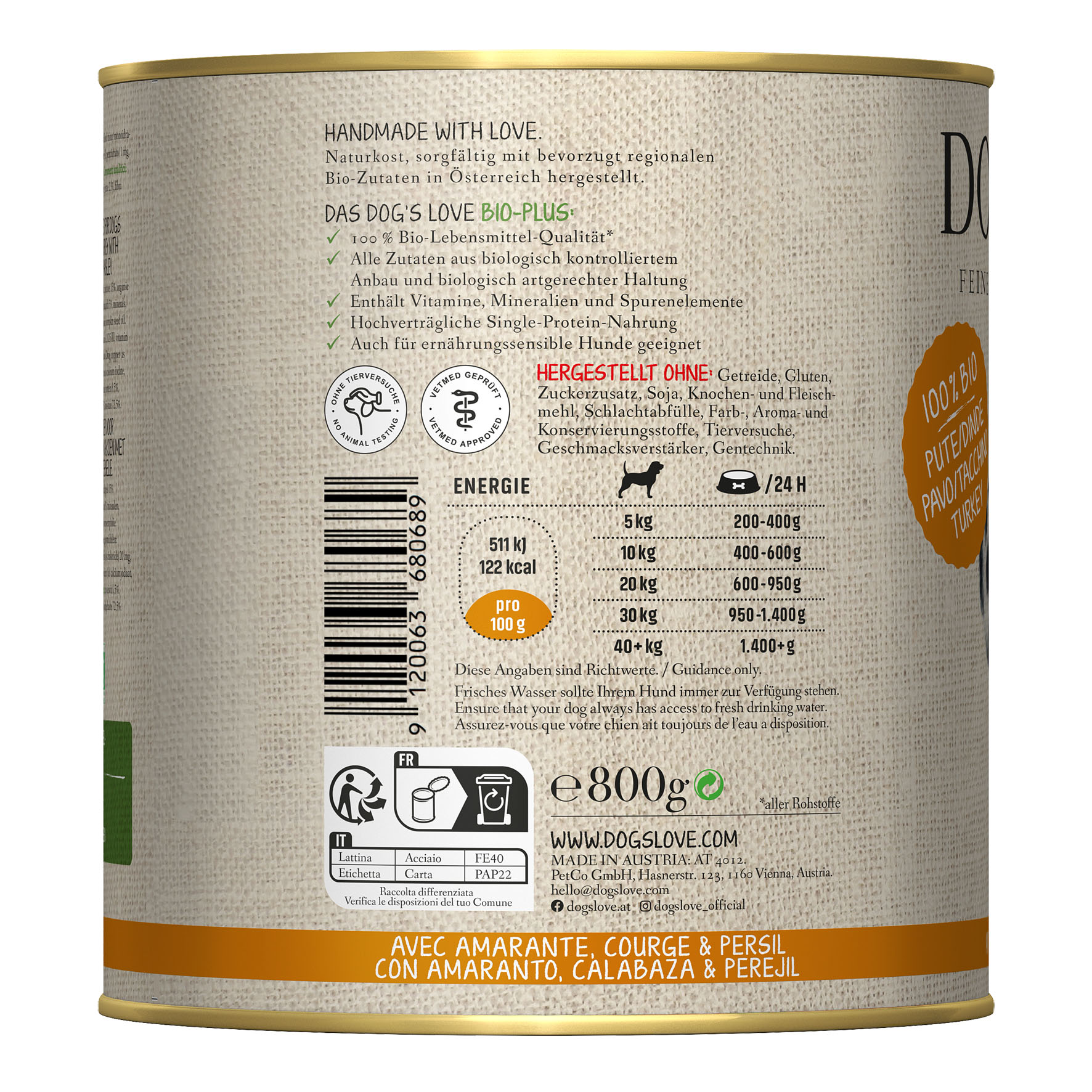 Dog‘s Love BIO dinde, amarante, citrouille & petersil, 800g