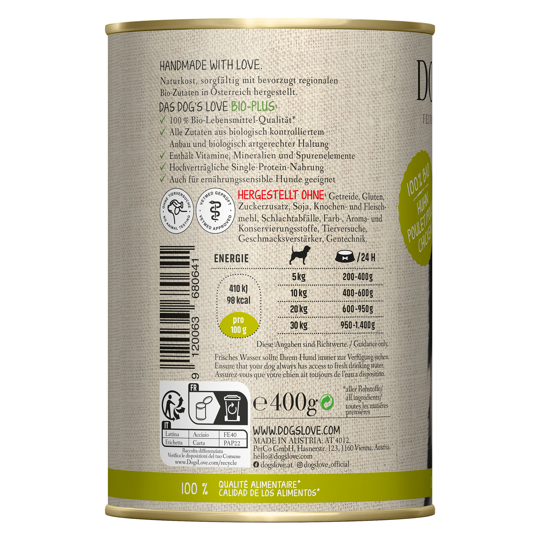 Dog‘s Love BIO poulet, sarrasin, céleri & basilic, 400g