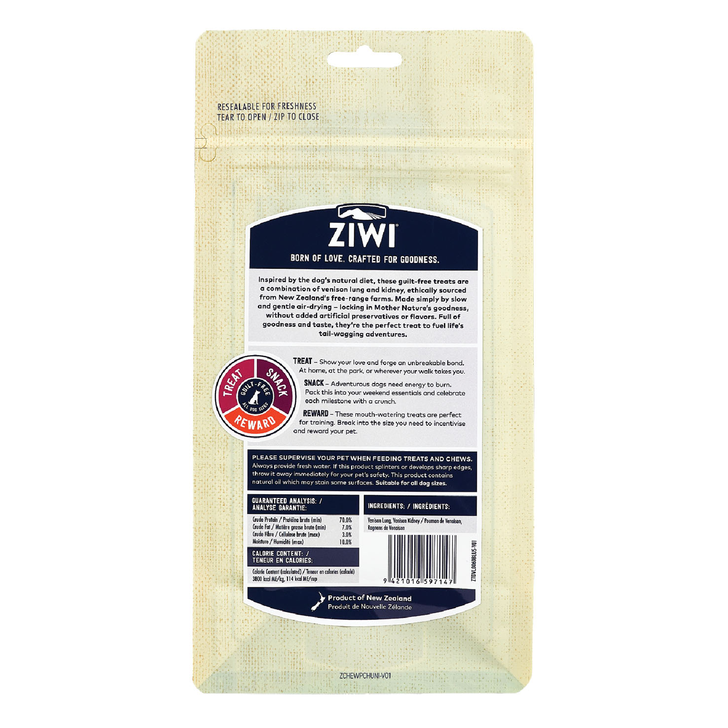 Ziwi Treats Polmone e Rene di Cervo, 60g