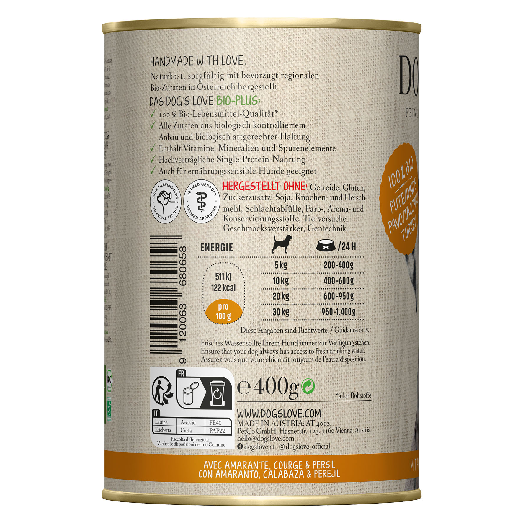 Dog‘s Love BIO dinde, amarante, citrouille & petersil, 400g