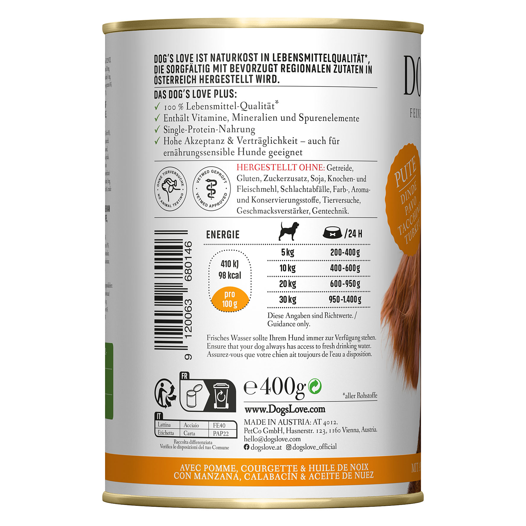 Dog‘s Love Classic Adult Truthahn, Apfel, Zucchini & Walnussöl, 400g