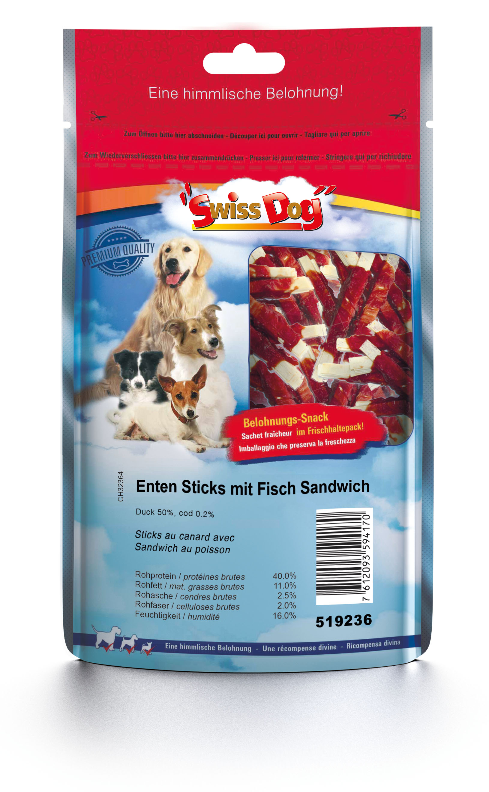 Foodwaste-SwissDog Enten-Sticks mit Fisch-Sandwich, 100g