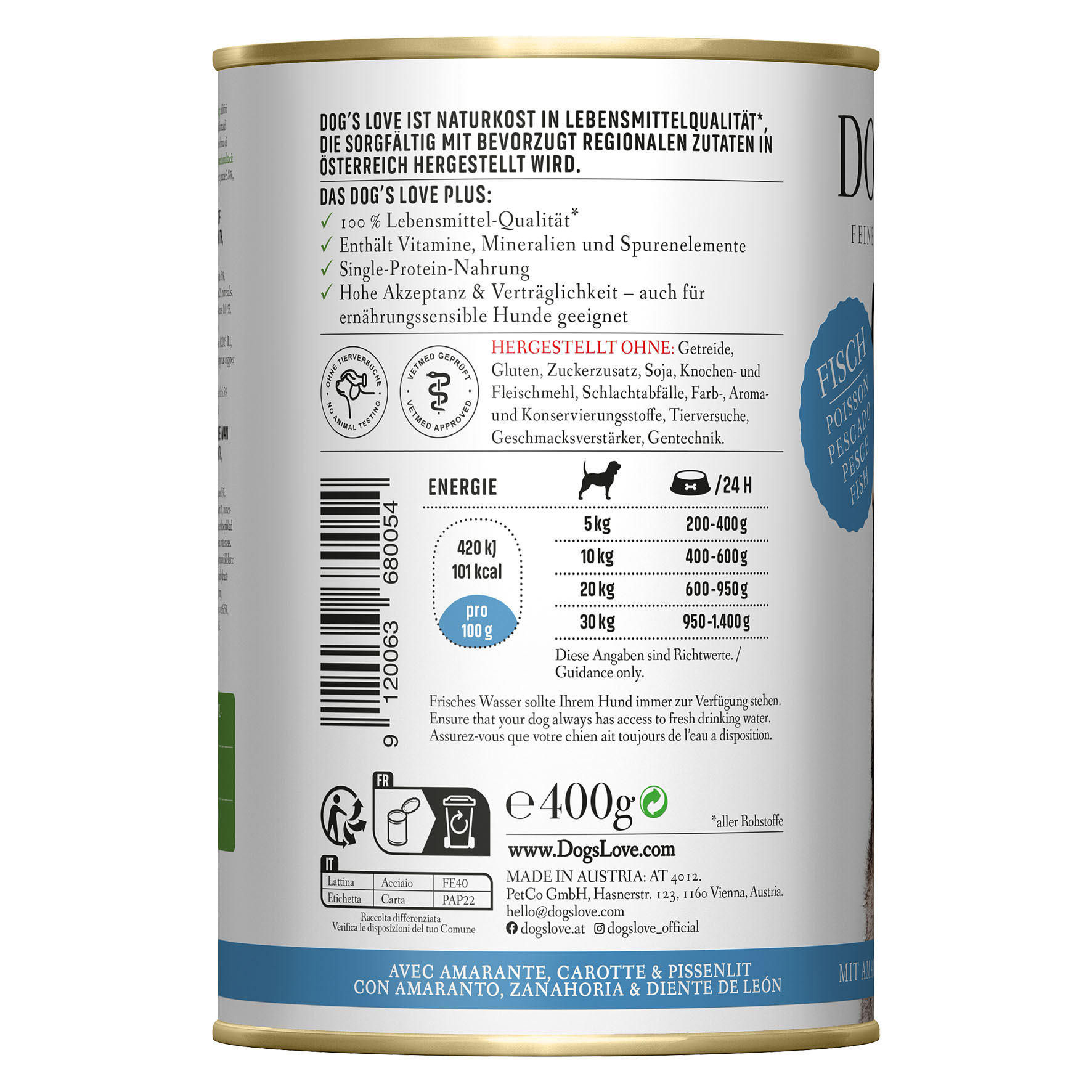 Dog‘s Love Classic Adult poissons, amarante, carotte & pissenlit, 400g