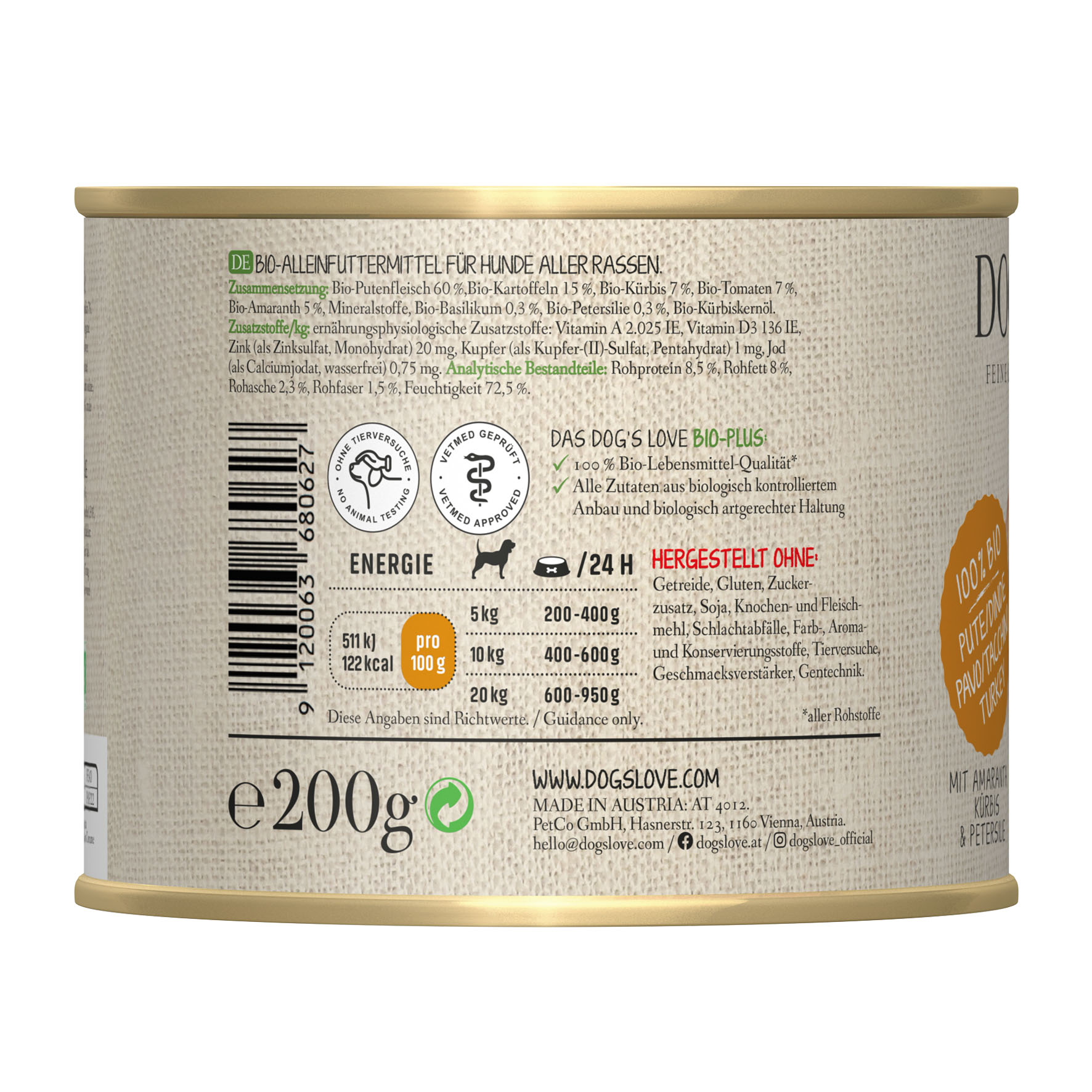 Dog‘s Love BIO dinde, amarante, citrouille & petersil, 200g