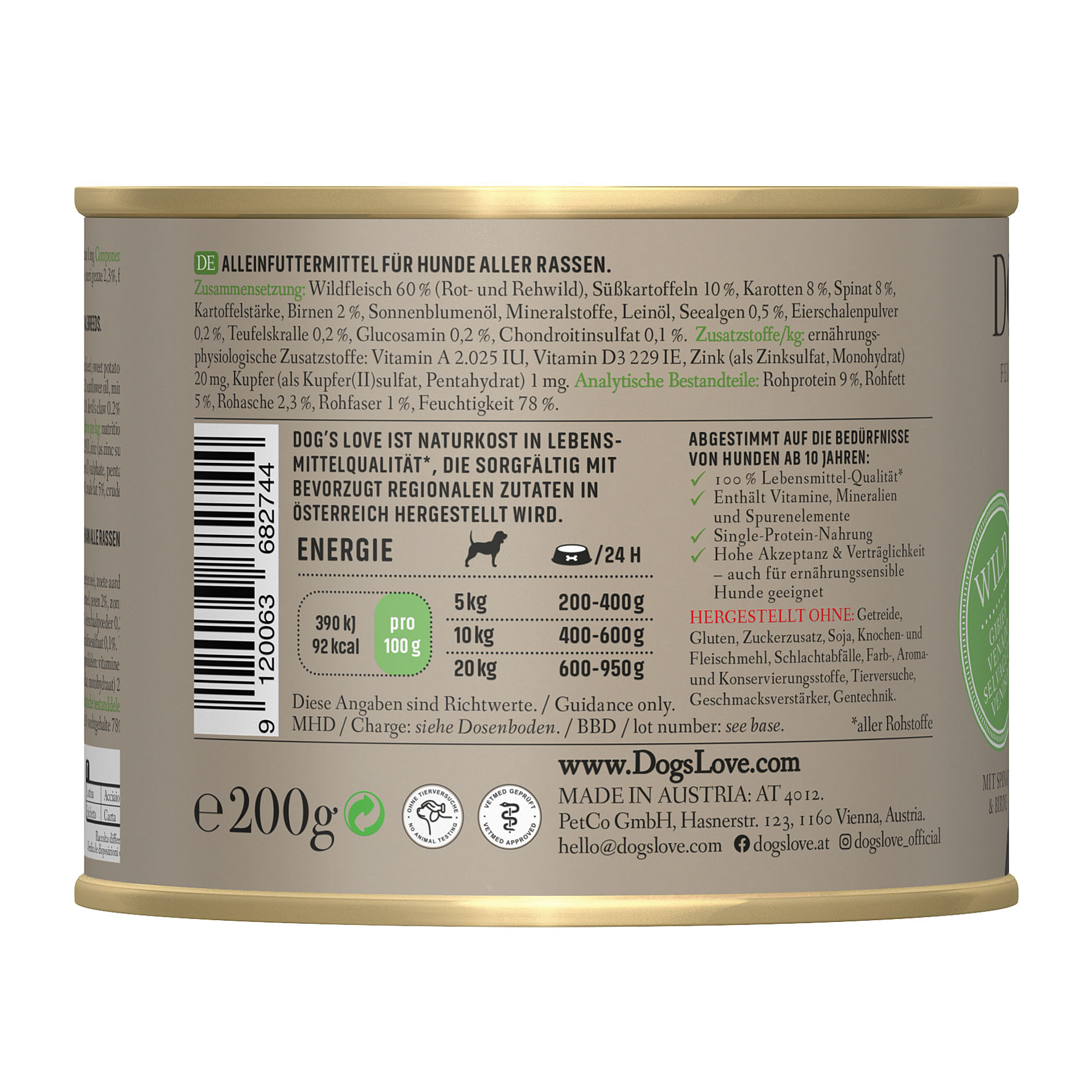 Dog's Love Senior 10+ Light con carne di cervo, spinaci e pere, 200g